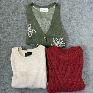 Lot Of 3 Women's Fall Winter Sweaters Size Small Cardigan Knit Red Green Beige